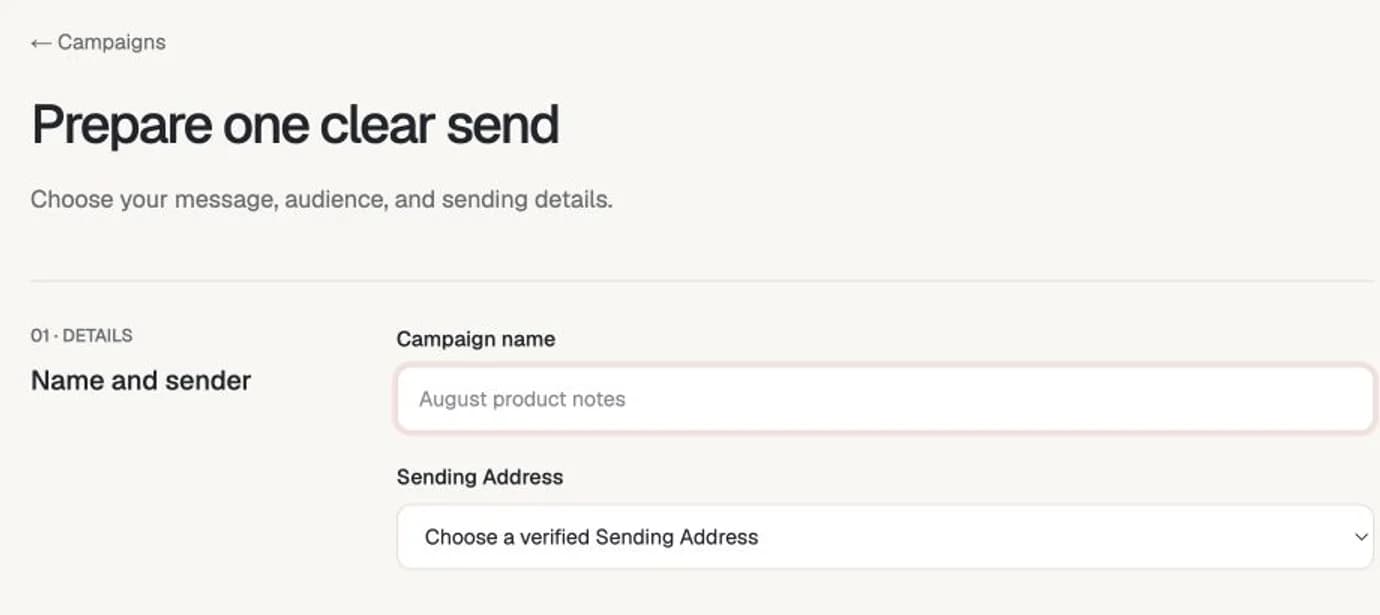 RouteKite campaign details step with campaign name and Sending Address controls