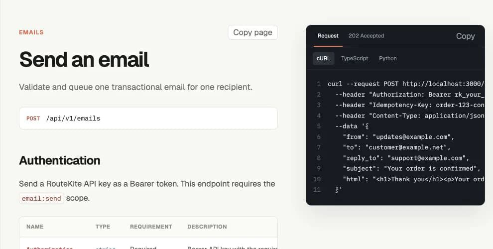 RouteKite public API documentation showing the send email request