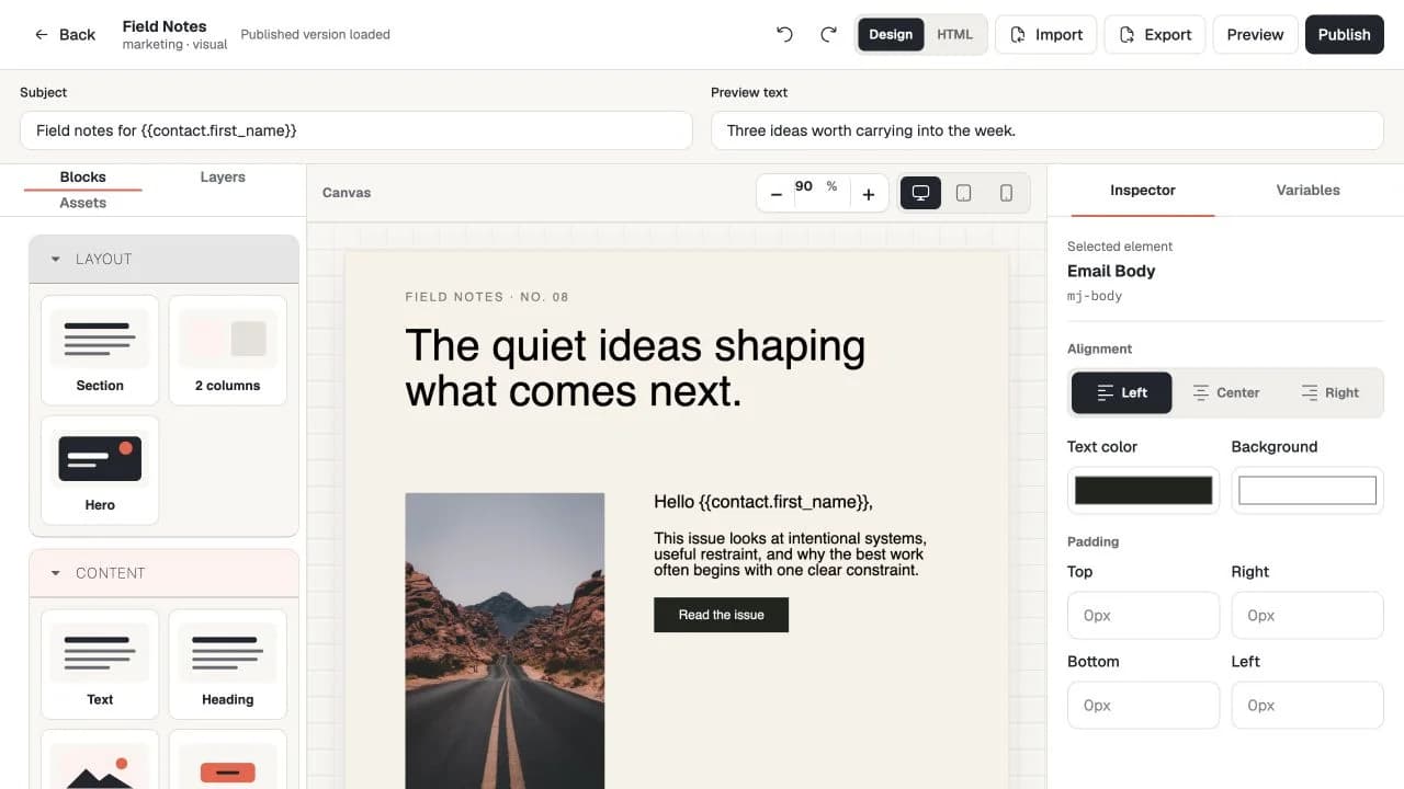 RouteKite visual email editor with blocks, canvas, and inspector